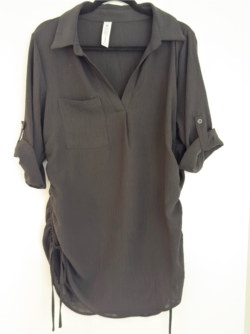 Black Ruched Swim Cover Up Shirt Dress Size L